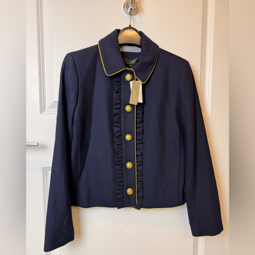 $198 J.Crew Navy Blazer Jacket Gold Crest Buttons Ruffle Front Wool Blend Size 6 - Picture 8 of 16